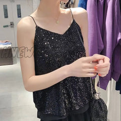 Hnewly Summer New Sexy Glittering Sequin V-Neck Sling Vest Women’s Short Loose Tops Outerwear