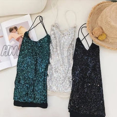 Hnewly Summer New Sexy Glittering Sequin V-Neck Sling Vest Women’s Short Loose Tops Outerwear