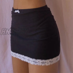 Hnewly Summer New Vintage Sweet Bow Lace Trim Aesthetics Sexy High Waist Black Skirts Y2K Mini