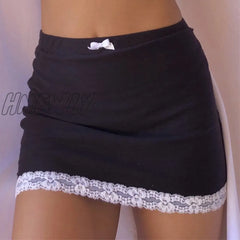 Hnewly Summer New Vintage Sweet Bow Lace Trim Aesthetics Sexy High Waist Black Skirts Y2K Mini