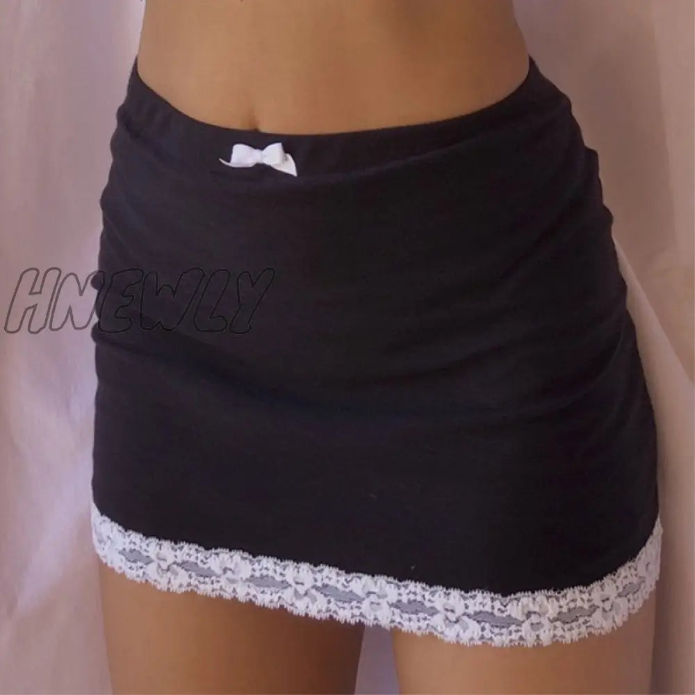 Hnewly Summer New Vintage Sweet Bow Lace Trim Aesthetics Sexy High Waist Black Skirts Y2K Mini