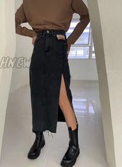 Hnewly Summer New Women’s Long Denim Skirt Vintage High Wasit Jeans Female Straight Side Split A