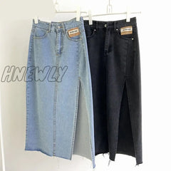 Hnewly Summer New Women’s Long Denim Skirt Vintage High Wasit Jeans Female Straight Side Split A