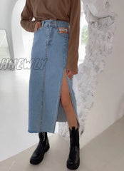 Hnewly Summer New Women’s Long Denim Skirt Vintage High Wasit Jeans Female Straight Side Split A