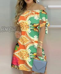 Hnewly Summer Off Shoulder Dress Women Fashion Striped Print Slash Neck Short Sleeve Bow Tie Mini