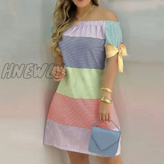 Hnewly Summer Off Shoulder Dress Women Fashion Striped Print Slash Neck Short Sleeve Bow Tie Mini