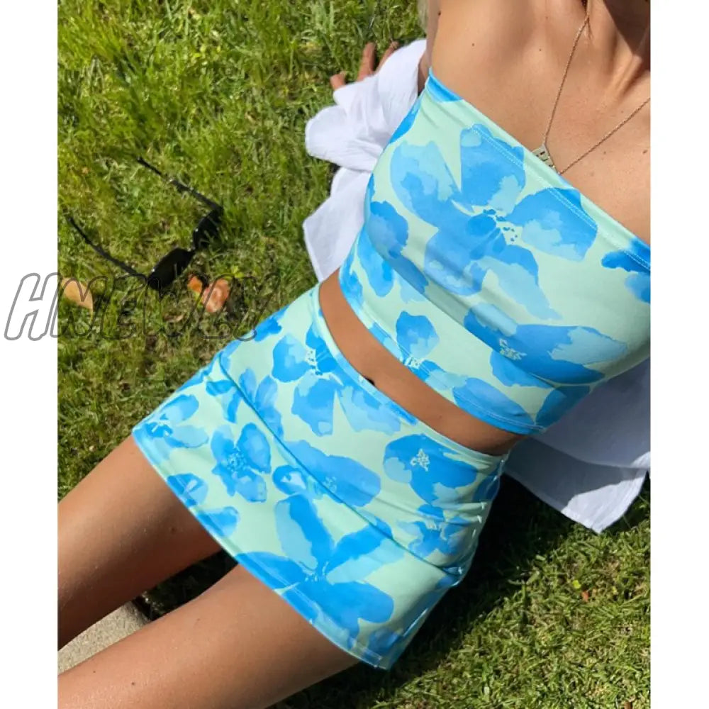 Hnewly Summer Outfits Y2K Aesthetic Clothing Set Two Piece Clothes Floral Crop Top And Mini Skirt
