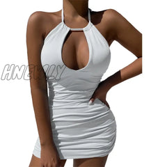 Hnewly Summer Party Dress Elegant Women’s Sexy Bodycon Halter Solid Hollow Mini Casual Slim Fit