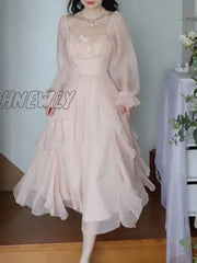 Hnewly Summer Pink Chiffon Vintage Fairy Dress Women Korean Style Elegant Party Midi Female Court