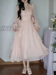 Hnewly Summer Pink Chiffon Vintage Fairy Dress Women Korean Style Elegant Party Midi Female Court