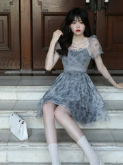 Hnewly Summer Pink Kawaii Lolita Dress Women Mini Puff Sleeve Beach Casual Elegant Fairy 2023 Print