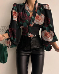 Hnewly Summer Print Women’s Shirt Single Breasted Lantern Sleeve Loose Shirts Female Elegant