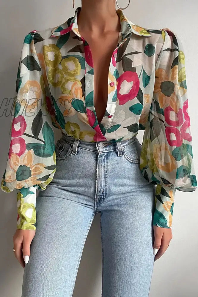Hnewly Summer Print Women’s Shirt Single Breasted Lantern Sleeve Loose Shirts Female Elegant