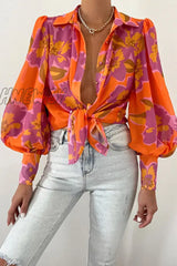 Hnewly Summer Print Women’s Shirt Single Breasted Lantern Sleeve Loose Shirts Female Elegant