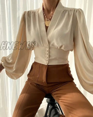 Hnewly Summer Print Women’s Shirt Single Breasted Lantern Sleeve Loose Shirts Female Elegant