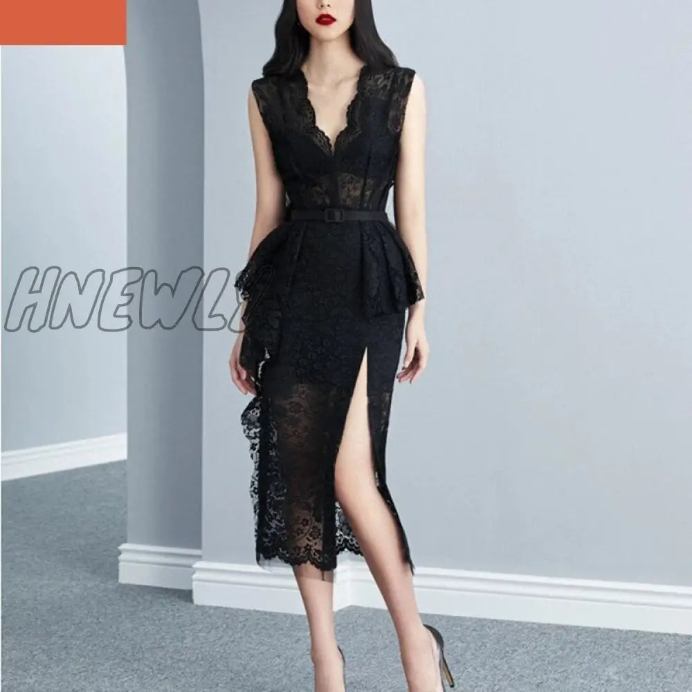 Hnewly Summer Robe Femme Korean Elegant Lace Cotton Maxi Dress Women Sleeveless V-Neck Embroidered
