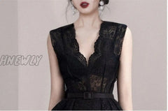 Hnewly Summer Robe Femme Korean Elegant Lace Cotton Maxi Dress Women Sleeveless V-Neck Embroidered