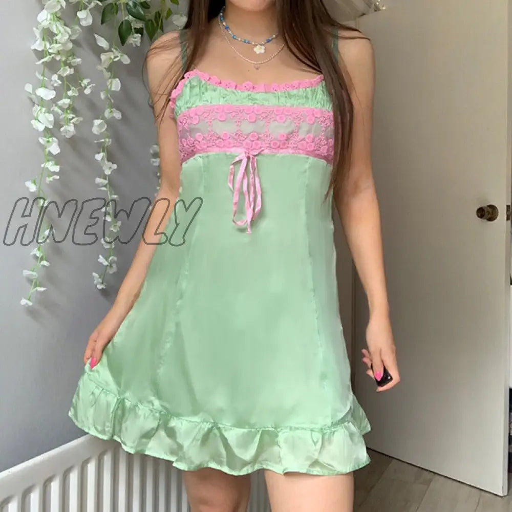 Hnewly Summer Ruffles Hem Kawaii Slip Dresses For Women Patchwork Lace Cute A Line Satin Dress Mini