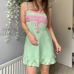 Hnewly Summer Ruffles Hem Kawaii Slip Dresses For Women Patchwork Lace Cute A Line Satin Dress Mini