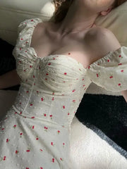 Hnewly Summer Sexy Corset Style Fruit Cherry Print Mini Dress White Retro Women Slim Waist Ruffles