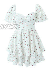 Hnewly Summer Sexy Corset Style Fruit Cherry Print Mini Dress White Retro Women Slim Waist Ruffles