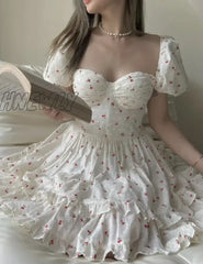 Hnewly Summer Sexy Corset Style Fruit Cherry Print Mini Dress White Retro Women Slim Waist Ruffles