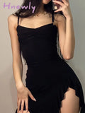 Hnewly Summer Sexy Mini Dress Women Sleeveless Strap Streetwear Backless Folds Bodycon Split Black