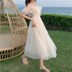 Hnewly Summer Sexy Sweet Lolita Dress Women Low Chest Off Shoulder Bandage Fairy Mesh Female Beach