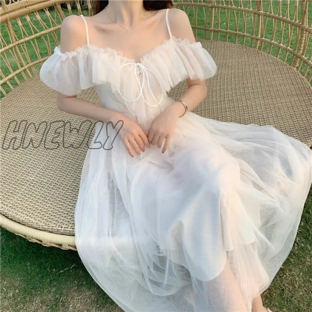 Hnewly Summer Sexy Sweet Lolita Dress Women Low Chest Off Shoulder Bandage Fairy Mesh Female Beach