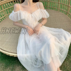 Hnewly Summer Sexy Sweet Lolita Dress Women Low Chest Off Shoulder Bandage Fairy Mesh Female Beach