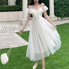 Hnewly Summer Sexy Sweet Lolita Dress Women Low Chest Off Shoulder Bandage Fairy Mesh Female Beach