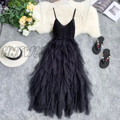 Hnewly Summer Sleeveless Sling Gauze Tulle Dress Women Knit V-Neck Sexy Backless Long Dresses Sweet