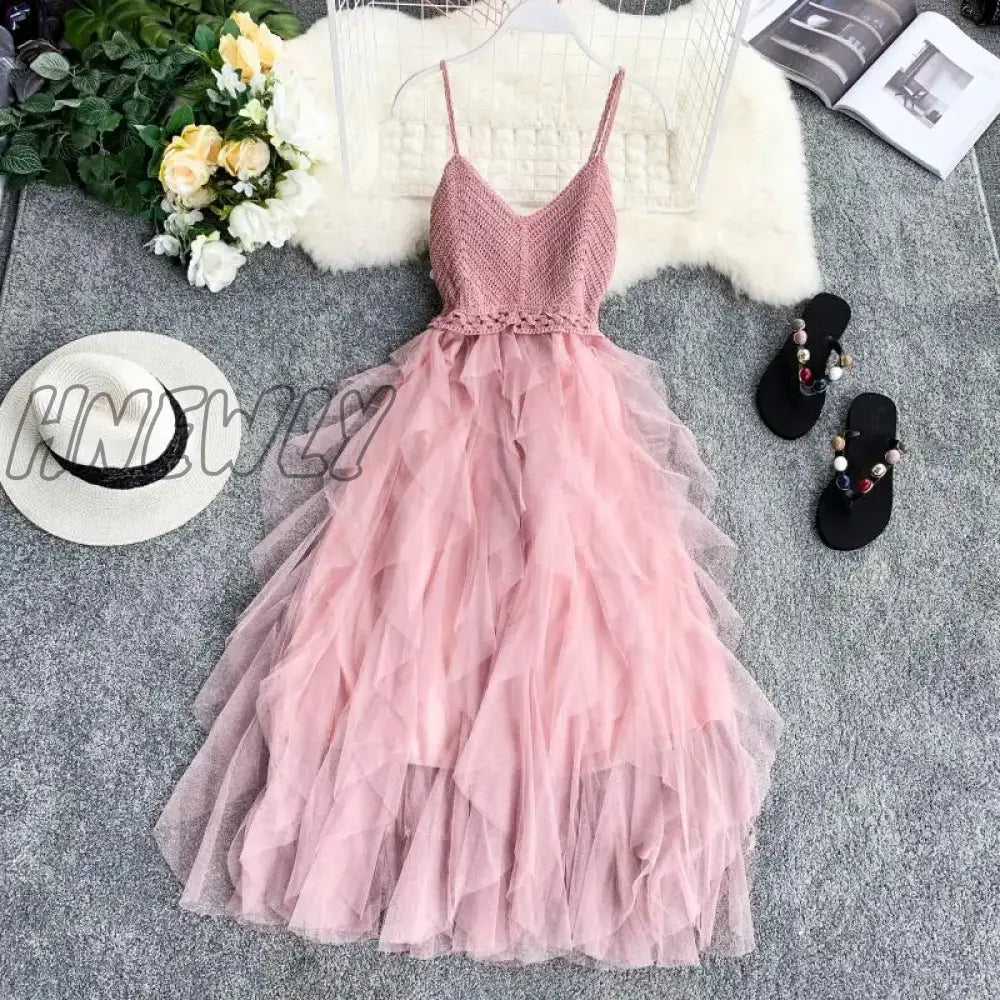 Hnewly Summer Sleeveless Sling Gauze Tulle Dress Women Knit V-Neck Sexy Backless Long Dresses Sweet