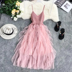 Hnewly Summer Sleeveless Sling Gauze Tulle Dress Women Knit V-Neck Sexy Backless Long Dresses Sweet
