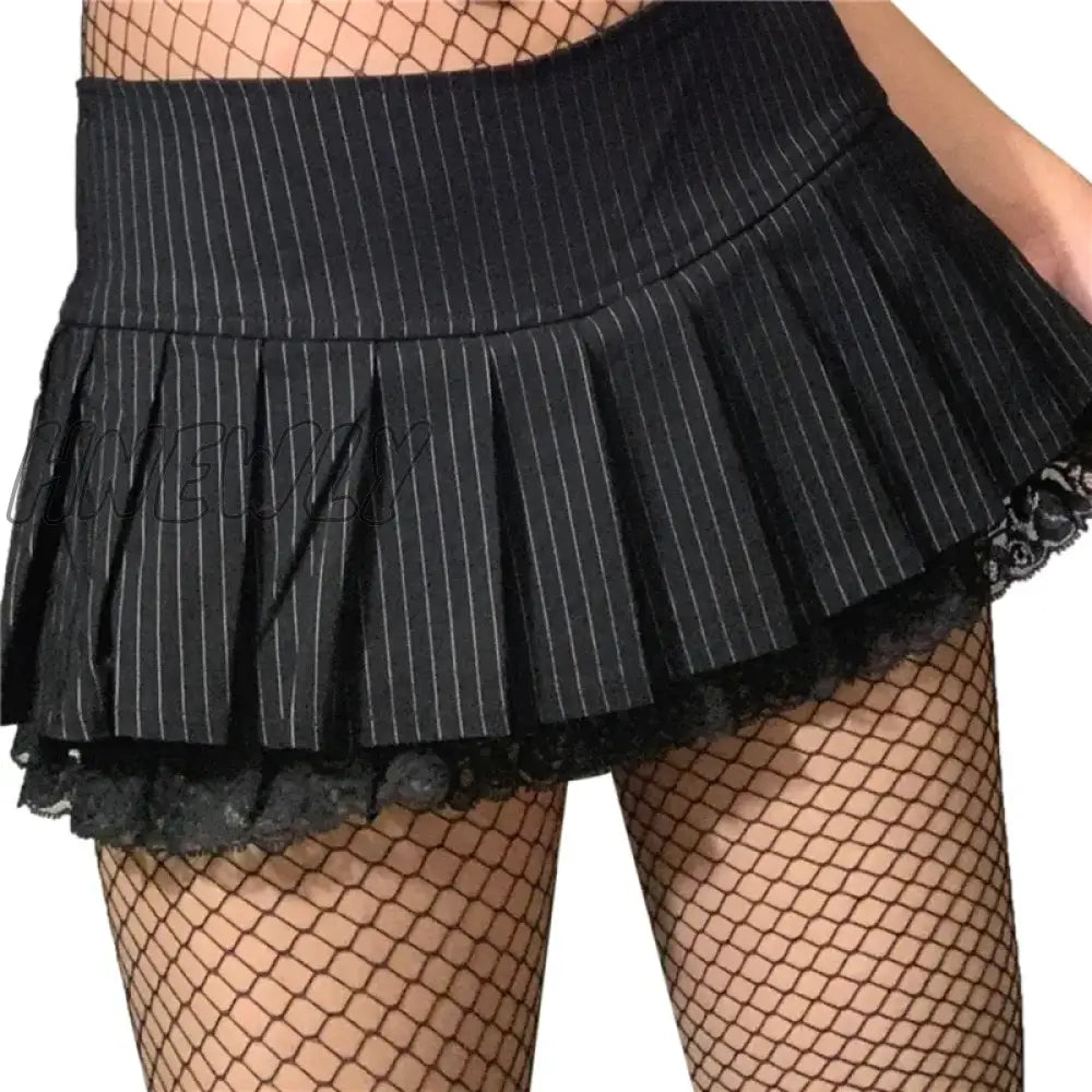 Hnewly Summer Stripe Mini Pleated Skirts Women Y2K Goth Black Dark Academia Sexy Street Low Waist