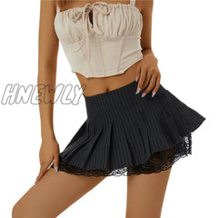 Hnewly Summer Stripe Mini Pleated Skirts Women Y2K Goth Black Dark Academia Sexy Street Low Waist