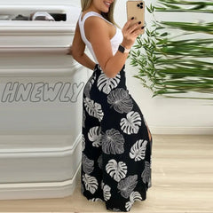 Hnewly Summer Suit Women Solid Cut-Out Tank Top & Tropical Print Split Wide Leg Pants Set