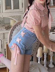 Hnewly Summer Sweet Pink Bandage Denim Shorts Women Korean Cute Chic High Waist Short Pants Kawaii