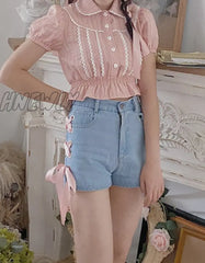 Hnewly Summer Sweet Pink Bandage Denim Shorts Women Korean Cute Chic High Waist Short Pants Kawaii