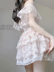 Hnewly Summer Sweet Pink Lolita Princess Mini Dress Women Kawaii Lace Ruffles Flying Sleeve Flower