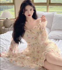 Hnewly Summer Sweet V-Neck Floral Chiffon Dress Women Elegant Long Sleeve Ruffles Party Mini