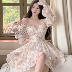 Hnewly Summer Sweet V-Neck Floral Chiffon Dress Women Elegant Long Sleeve Ruffles Party Mini