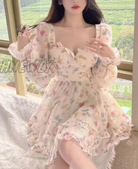 Hnewly Summer Sweet V-Neck Floral Chiffon Dress Women Elegant Long Sleeve Ruffles Party Mini