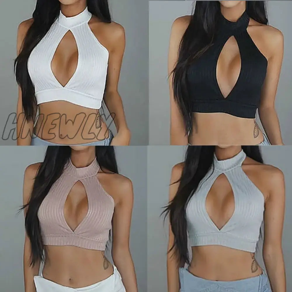 Hnewly Summer Tank Tops Women Sleeveless Turtleneck Cut Out Knit Crop Sexy Vintage Bustier Corset