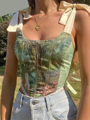 Hnewly Summer Vintage Aesthetic Printed Lace Up Camisole Y2K Women Bow Bandage Hollow Tank Top