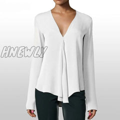 Hnewly Summer Vintage Women Chiffon Blouse Shirt V - Neck Long Sleeve Female Tunic Casual Plus Size