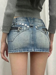 Hnewly Summer Woman Japanese Y2K Denim Skirt Low Rise Jean Cargo Mini Sexy Hot Gyaru 2000S
