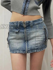 Hnewly Summer Woman Japanese Y2K Denim Skirt Low Rise Jean Cargo Mini Sexy Hot Gyaru 2000S