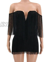 Hnewly Summer Women Bandage Dress Elegant Club Party Sexy V Neck Off Shoulder Tassel Mini Fringe