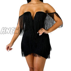 Hnewly Summer Women Bandage Dress Elegant Club Party Sexy V Neck Off Shoulder Tassel Mini Fringe